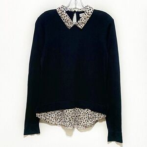 J. Crew Factory Lightweight black leopard print layered look collared sweater